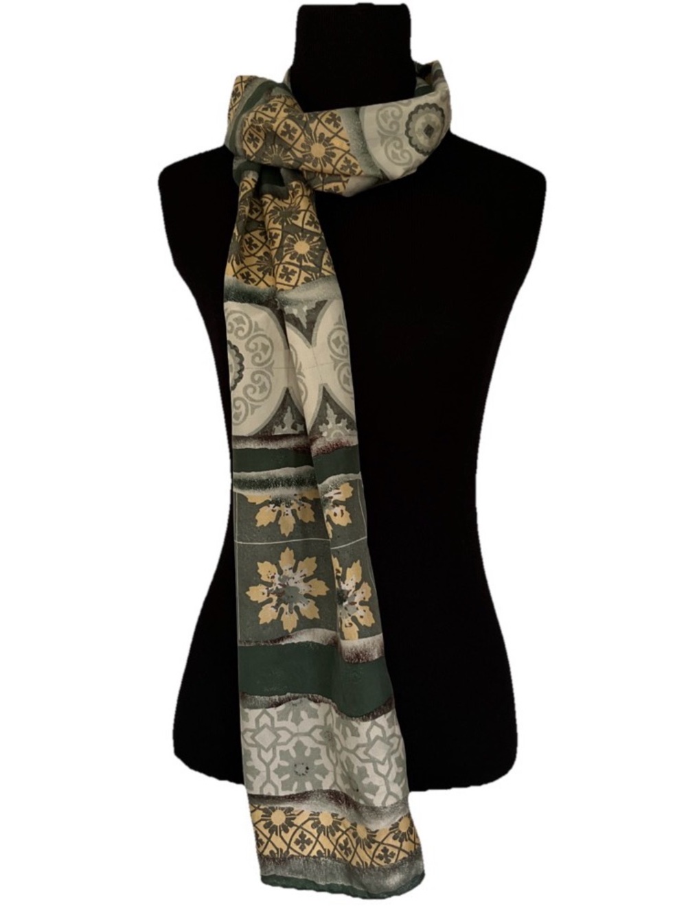 Vintage Silk NY Studio Scarf Geometric Abstract Artsy Eclectic Floral Sage